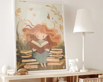 Girl Reading Book Pastel Art Print, Playroom Decor (Digital Download)