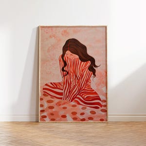Rot Gestreifte Wandkunst, Abstrakte Frau Dekor, Buntes Poster, Zeitgenössische Streifen Druck, Minimalistische Trend Illustration, Eklektische Fine Art