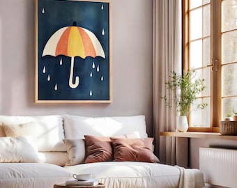 カラフルな傘のプリント、雨の日の子供部屋用ウォールアート（デジタルダウンロード）