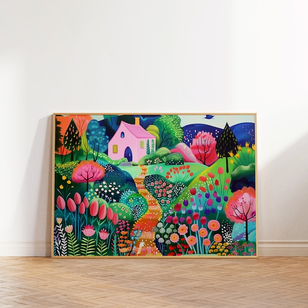 Colorful Scenery Wall Art, Flower Garden Landscape, Bright Summer Illustration, Vibrant Floral Printable,  Botanical Drawing, Patchwork Art