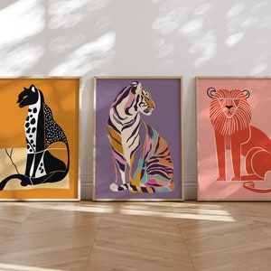 Tiger Leopard Lion Wall Art, Abstract Animal Prints, Preppy Dorm Room Art, Aesthetic Big Cats Wall Decor, Maximalist Feline Printable Art