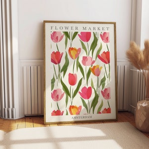 Impression de tulipes du marché aux fleurs, affiche du marché aux fleurs d'Amsterdam, art mural fleurs sauvages, impression de salon, décoration murale de chambre à coucher, art floral moderne
