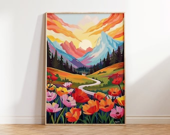 Vibrant Landscape Wall Art, Maximalist Floral Print, Colorful Vibrant Mountain Art, Acrylic Illustration Poster, Sunset Scenery Digital Art