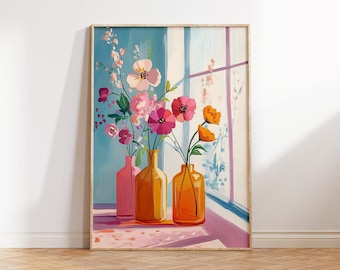 Estampado de jarrón floral, flores primaverales en tonos pastel, ventana botánica (descarga digital)