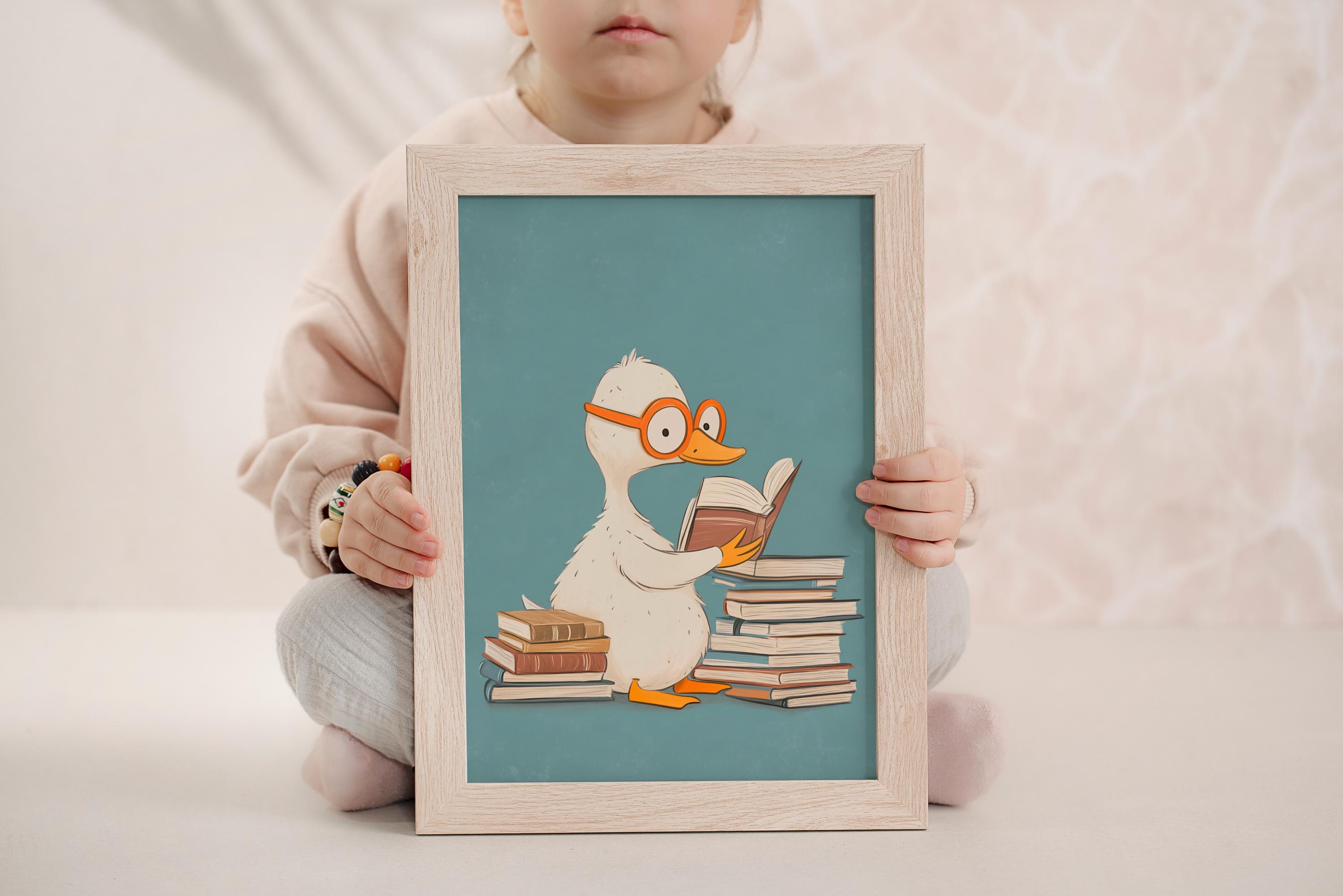 絵本を読むアヒルのイラストプリント、パステルカラーの子供部屋装飾