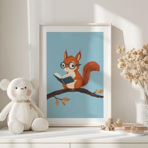 May include: A cute cartoon squirrel wearing glasses sits on a branch and reads a book. The squirrel is orange and brown with a bushy tail. The background is a light blue.