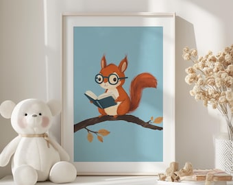 May include: A cute cartoon squirrel wearing glasses sits on a branch and reads a book. The squirrel is orange and brown with a bushy tail. The background is a light blue.