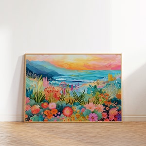 Bunte Landschaft Wandkunst, Maximalistischer Blumendruck, Abstrakte Lebendige Ozean Kunst, Acryl Illustration Poster, Moderne Meerlandschaft Dekor