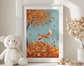 Lámina infantil con diseño de zorro en tonos pastel y hojas de otoño, ideal para la decoración de habitaciones infantiles (descarga digital).
