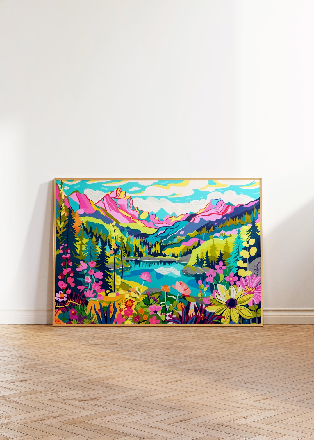カラフルな花の山の風景アートプリント（デジタルダウンロード