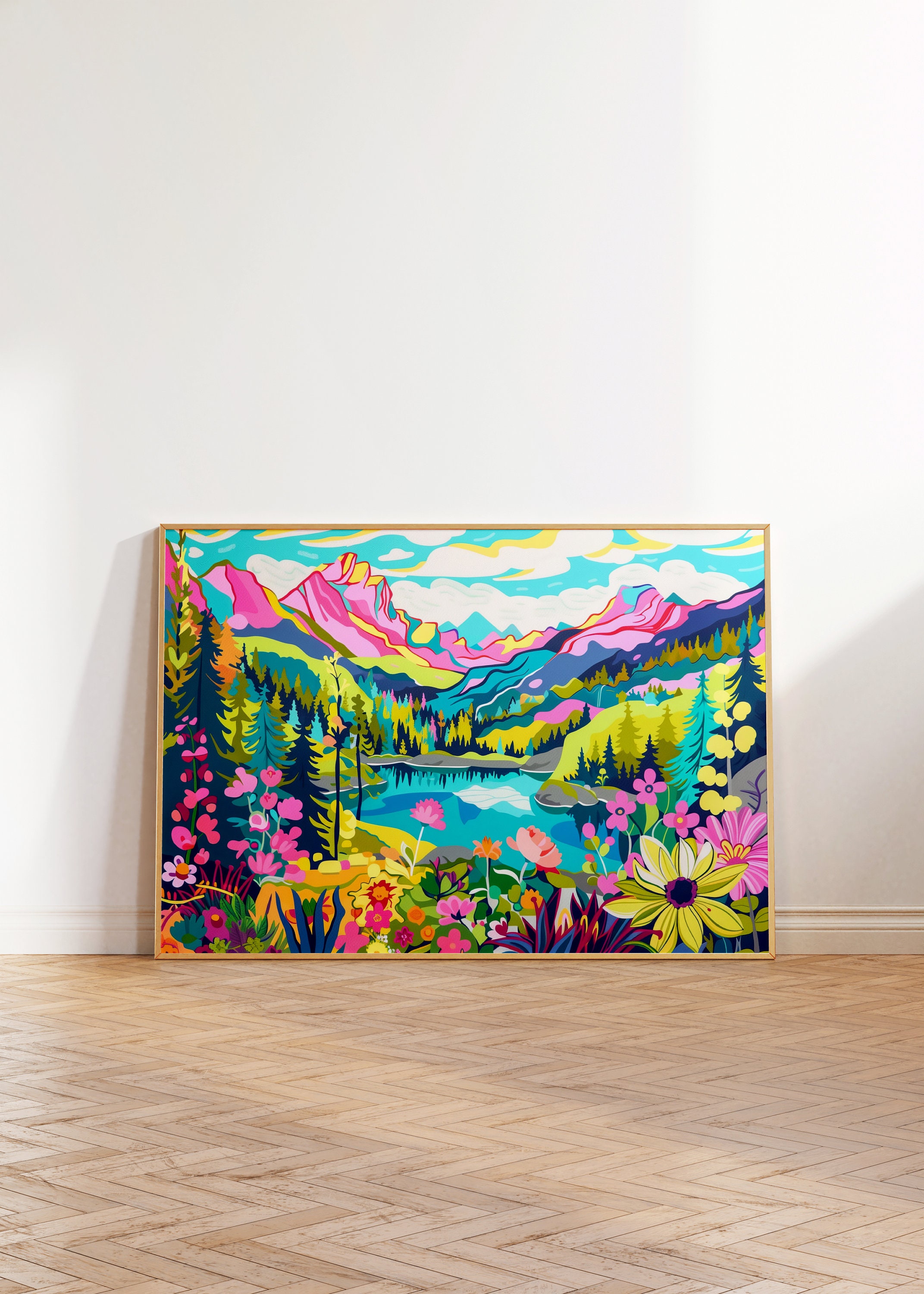 カラフルな花の山の風景アートプリント（デジタルダウンロード