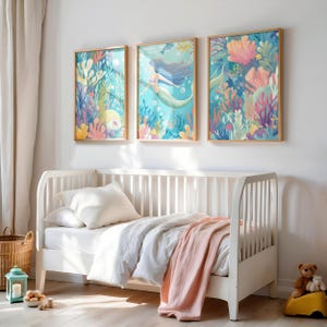 Kids Room Mermaid Wall Art Set of 3, Pastel Mermaid Decor, Nursery Print, Girls Room Print, Colorful Ocean Playroom Poster, Cute Kids Print