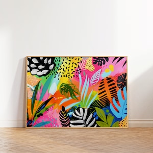May include: Abstract painting with a colorful tropical theme. The painting features a variety of leaves, flowers, and geometric shapes in shades of pink, blue, green, yellow, orange, and black.