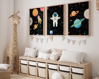Zestaw ścienny dla dzieci z motywem kosmosu, wydruki rakiet astronautów (do pobrania w wersji cyfrowej)