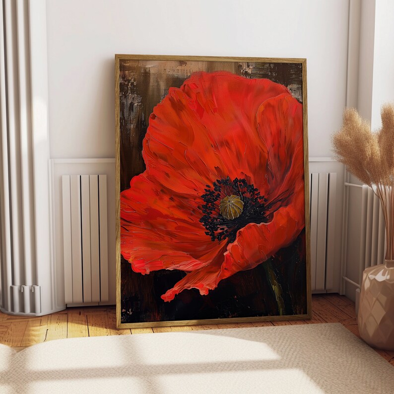 Red Poppy Oil Painting Print, Retro Floral Wall Art (digital Download ...