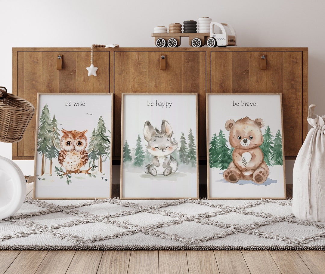 Woodland Nursery Wall Art Set of 3, Baby Room Decor, Fox Deer Racoon ...