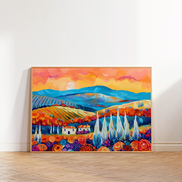 Colorful Landscape Wall Art, Maximalist Italy Countryside Print, Abstract Vibrant Tuscany Art, Acrylic Illustration Poster, Bright Decor
