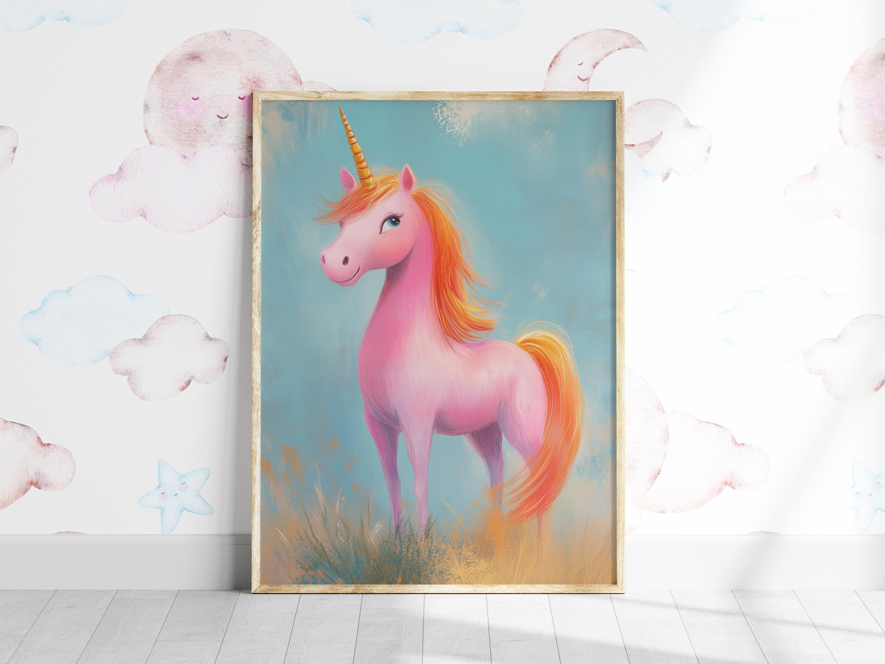 ピンクのユニコーンの子供部屋の壁アート、パステルカラーの子供部屋の