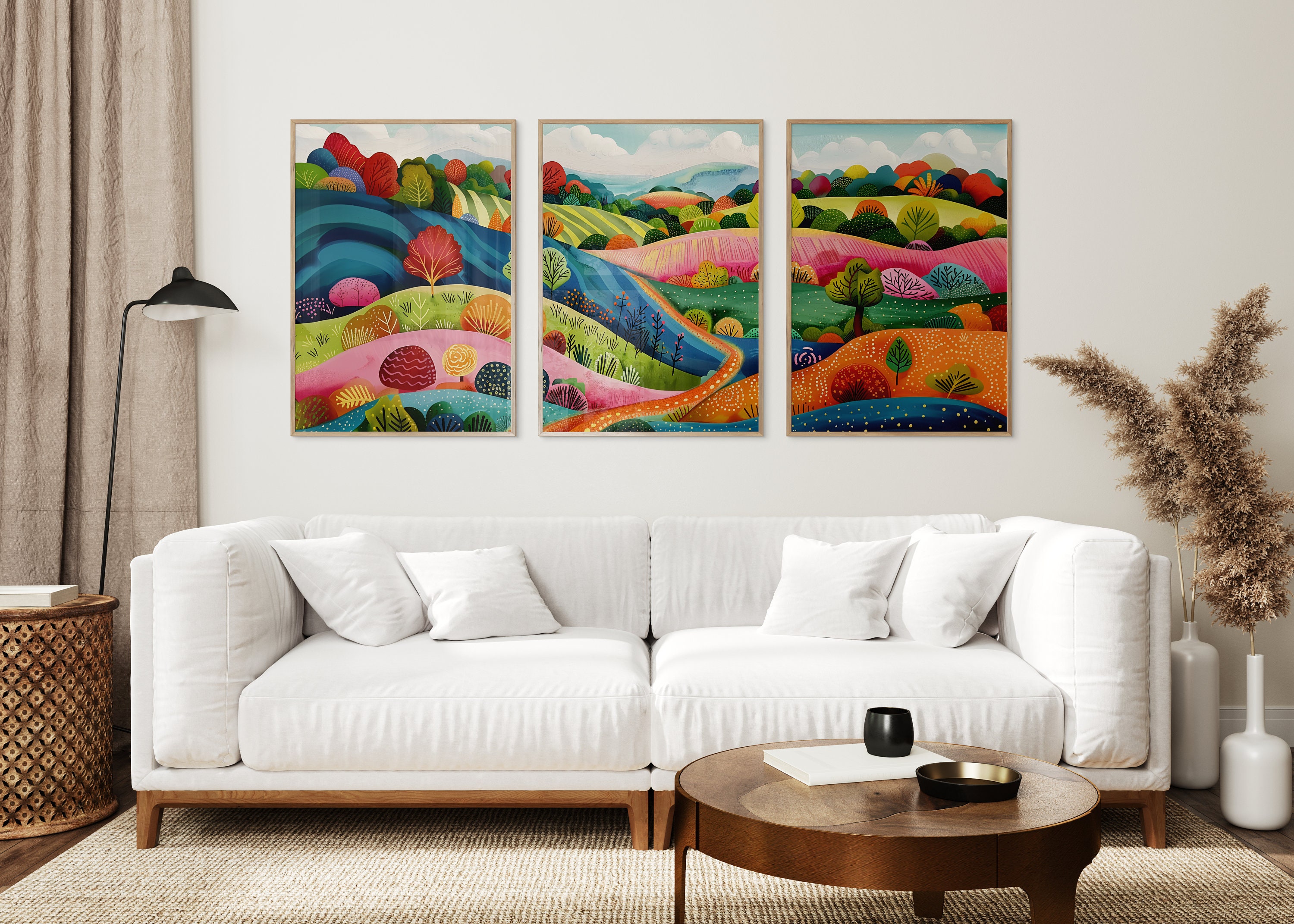 Colorful Landscape Art Prints, Abstract Patchwork Set of 3