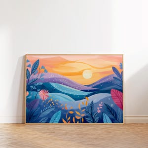 Colorful Pastel Sunset Wall Art, Maximalist Abstract Hills Scenery Print, Vibrant Landscape Illustration Poster, Modern Bright Scenery Decor