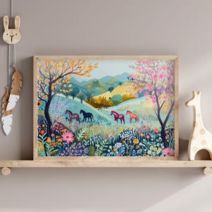 Art mural coloré de chevaux de pépinière, peinture florale de jardin, impression lumineuse pour chambre d'enfants, décoration pastel de salle de jeux, art de paysage de chevaux de fleurs