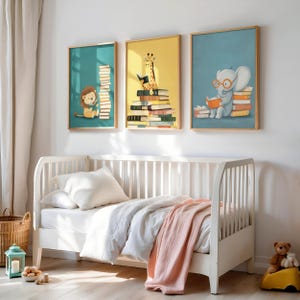Juego de 3 impresiones de animales de safari para leer, impresiones para salas de estudio, carteles de lectura para el aula, decoración de aprendizaje, arte colorido para salas de juegos, arte de lectura de libros