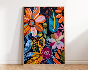 Puede incluir: Una pintura enmarcada con un diseño floral colorido. La pintura presenta una variedad de flores y hojas en tonos de naranja, rosa, azul, verde y morado. El fondo es azul oscuro.