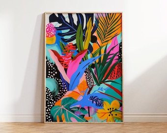 May include: A framed print of a colorful abstract painting featuring a variety of tropical leaves and flowers in shades of pink, blue, green, yellow, orange, and red.