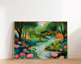 Colorful Floral River Landscape Art Print, Stream Woodland (Digital Download)