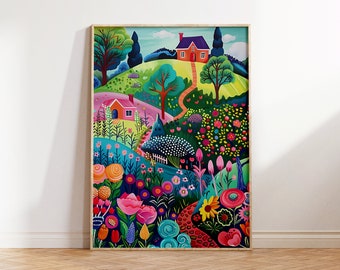 Colorful Flower Garden Landscape Art Print, Summer Floral Drawing (Digital Download)