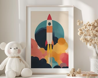 Retro Rocket Print, Colorful Space Art, Nursery Decor (digital