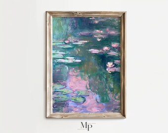 Vintage Water Lilies Print, Oil Painted Flowers, Impressionist Landscape Painting, Garden Print, Flowers in Lake Wall Art, Digital Download