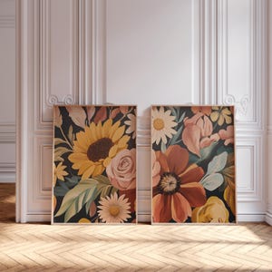 Midcentury Retro Flowers Wall Art Set of 2, Retro Bouquet Decor, Artful Floral Botanical Print, Boho Modern Livingroom Printable Posters