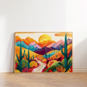 Lebendige Berge & Kaktus Landschaft Wandkunst, maximalistischer Blumendruck, abstrakter bunter Wüstendruck, Acrylposter, modernes Landschaftsdekor