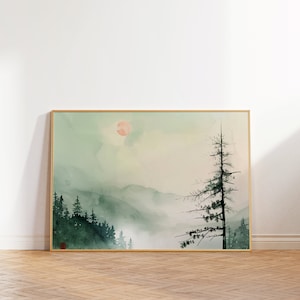 Japanische Wandkunst, Bergwandkunst, Japanischer Kunstdruck, Japandi Décor, minimalistische Wandkunst, Waldlandschaft, grüne Wandkunst, druckbar