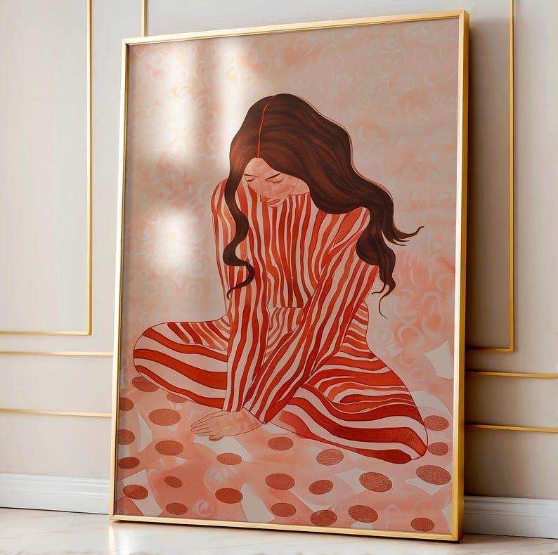 Red Striped Wall Art, Abstract Woman Decor, Colorful Poster