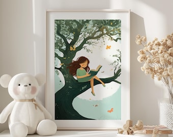 Girl Reading in Tree Art Print, Playroom Decor (Digital Download)