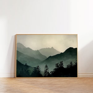Salbei grüner Berg Wand Kunst, abstrakte Natur Druck, modernes minimalistisches Dekor, Aquarell Berglandschaft, subtile Wald Wandkunst, DRUCKBAR