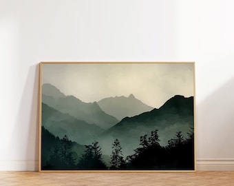 Sage Green Mountain Landscape Art Print, Abstract Forest Decor (Digital Download)