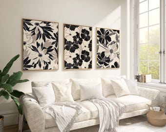 Floral Art Prints, Black and White Botanical Illustration (Digital Download)