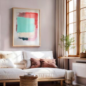 Türkis-Rosa geometrische Malerei, lebendige abstrakte Wandkunst, moderne maximalistische Wohnkultur, heller bunter Wanddruck, adretter Studentenwohnheim-Raum