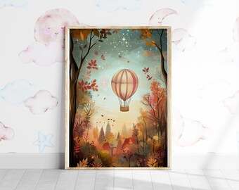 Hot Air Balloon Nursery Print, Forest Stars, Retro Playroom Decor (Digital Download)