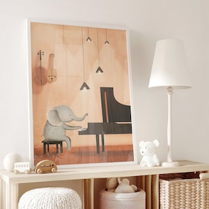 Elephant Musician Nursery Wall Art, Kids Piano Playing Animal Poster, Kids Music Room Decor, Children&#39;s Musical Art, Peach Playroom Print