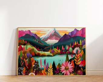 Vibrant Floral Landscape Art Print, Modern Mountain Scenery (Digital Download)