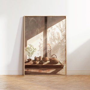 Desenho de vista da sala Japandi, esboço de arte japonesa, arte neutra Wabi Sabi, pôster japonês para servir chá, arte japonesa moderna, esboço de decoração Scandi