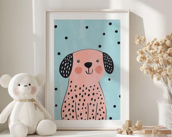 May include: A framed art print featuring a pink dog illustration with black spots and ears. The dog is set against a light blue background with black polka dots. The artwork is displayed on a white surface with a teddy bear and dried flowers.