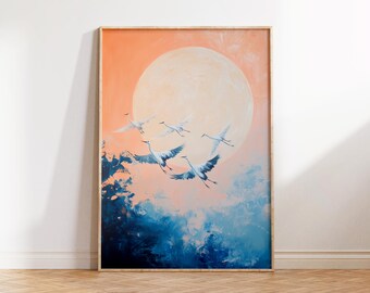 May include: Framed artwork featuring a flock of white birds in flight against a backdrop of a large, pale yellow sun and an orange sky. The lower portion of the painting depicts blue and white clouds. The artwork is displayed in a wooden frame.