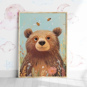 Cute Bear Print, Nursery Bear Wall Art, Colorful Bear Printable Poster, Kids Room Print, Woodland Nursery Decor, Forest Animal Baby Room Art
