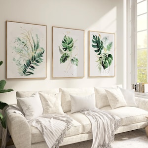 Grün-Gold-Blätter Wandkunst 3er-Set, druckbare tropische Blätter, Kunstgalerie Wandkunst Poster, botanisches Grün, modernes Boho-Dekor