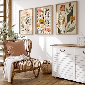 Blumen Boho abstrakter Druck 3er-Set, Blumenwandkunst, Boho Kunstdruck, weiches pastellfarbenes botanisches Poster, Cottagecore DRUCKBARE Blumendekor
